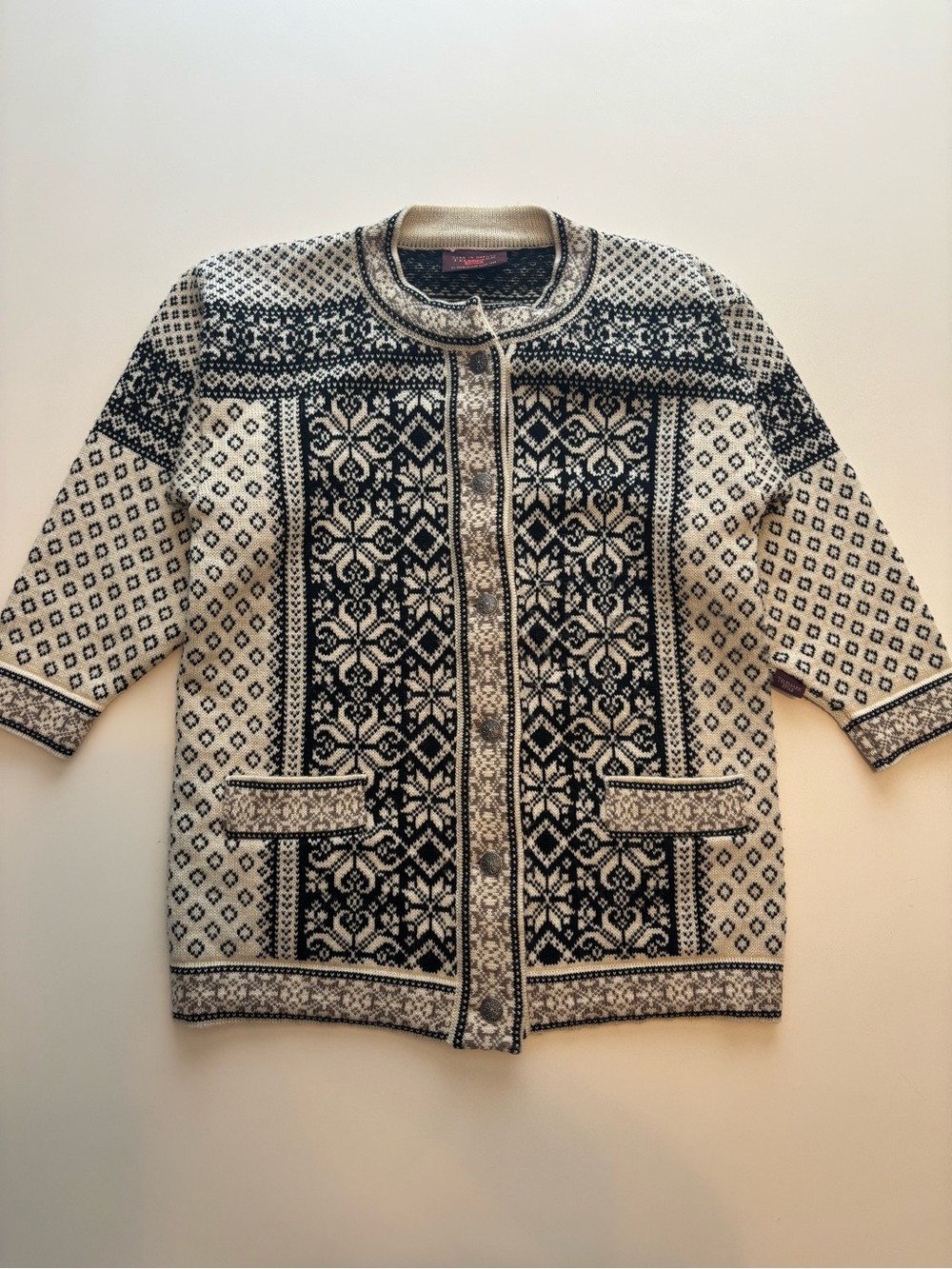 Vintage all over print Black and Cream Nordic wool Knit Cardigan telemark style